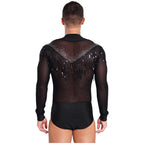 Men's Latin Salsa Sequin Tassel & Rhinestone V-Neck Performance Leotard Bodysuit