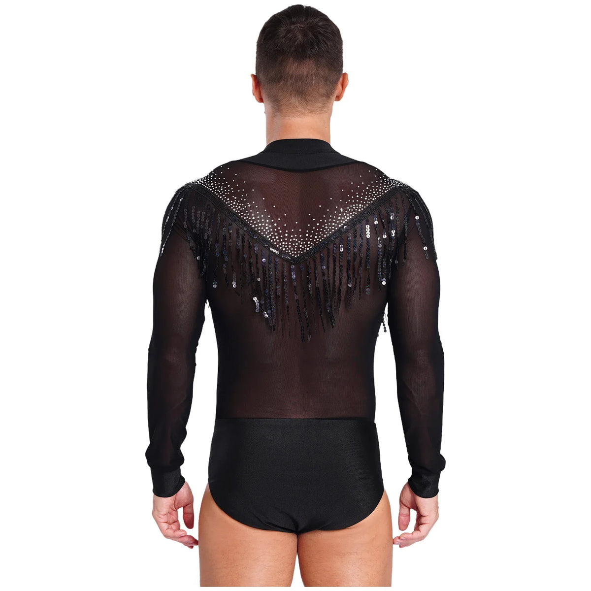 Men's Latin Salsa Sequin Tassel & Rhinestone V-Neck Performance Leotard Bodysuit