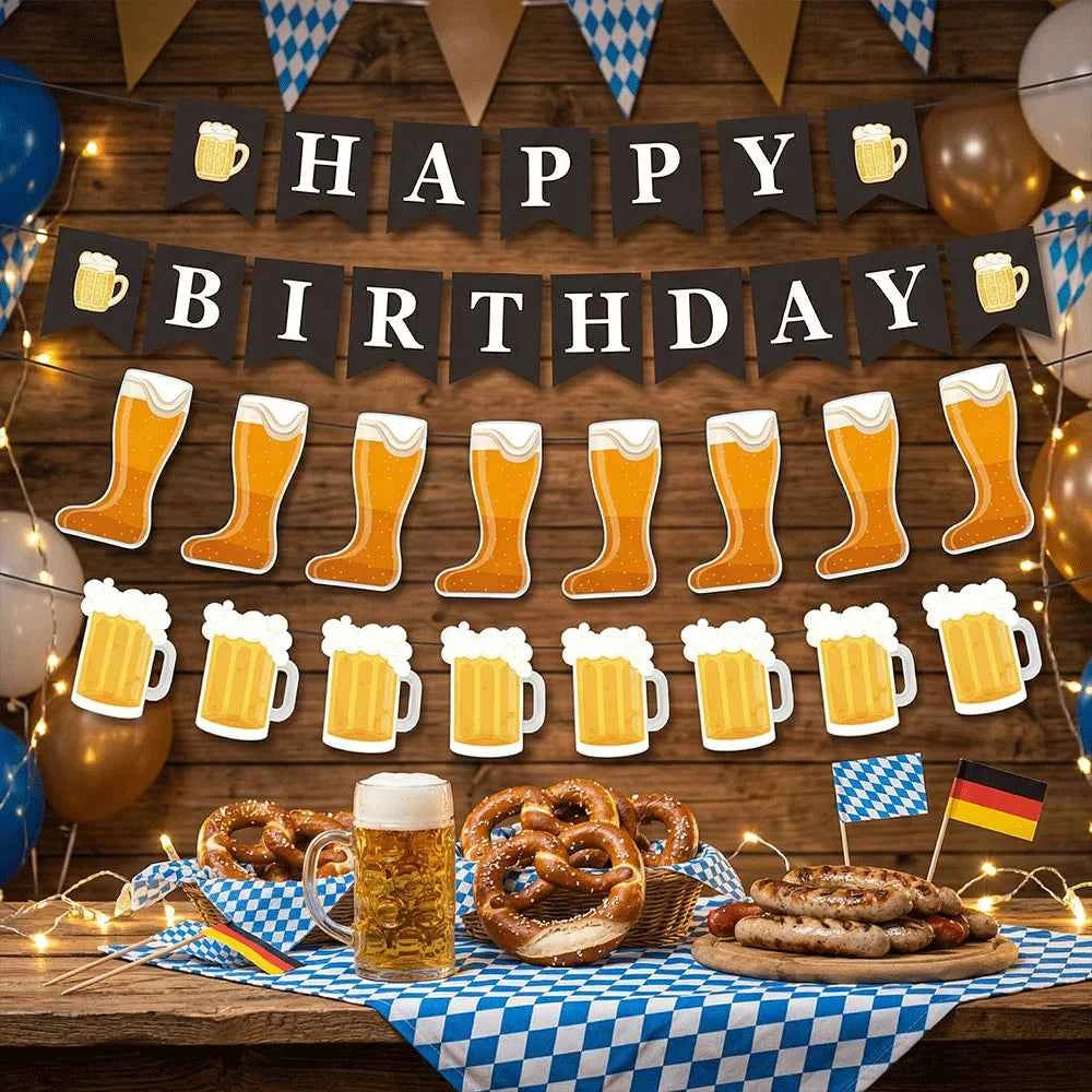 Beer Theme Happy Birthday Banner Adult Mens Party Decorations Cheers Paper Garland Oktoberfest Bunting Bar Pub Event Decor Setup