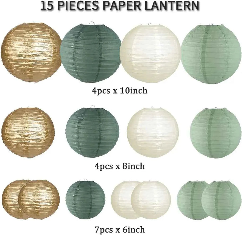 Paper Lanterns Decorations for Rustic Party Bridal Shower Wedding Sage Green Birthday Party Supplies Gold/Ivory/Sage Green 15pcs