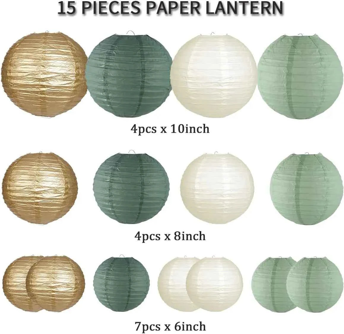 Paper Lanterns Decorations for Rustic Party Bridal Shower Wedding Sage Green Birthday Party Supplies Gold/Ivory/Sage Green 15pcs
