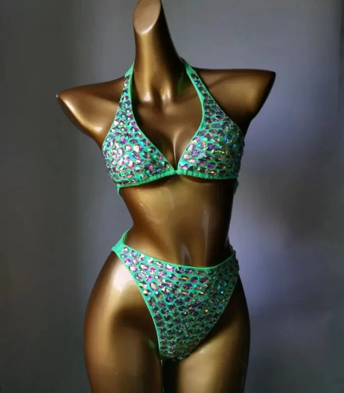 Nightclub Bar Sexy Disco Pole Dance Crystal Bikini Costume DJ Dancer Club Party Rave Outfit Pink Rhinestones Bra Set Stage Wear