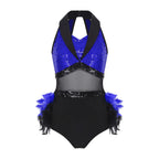 Women's Shiny Sequin Sheer Mesh Feather Latin Jazz Dance Bodysuit