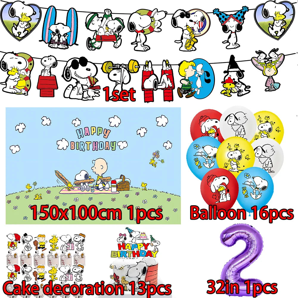 Cartoon Snoopys Birthday Decoration Set Banners Cake Toppers Balloons Backdrops Kids Birthday Gifts Baby Shower Party Supplies