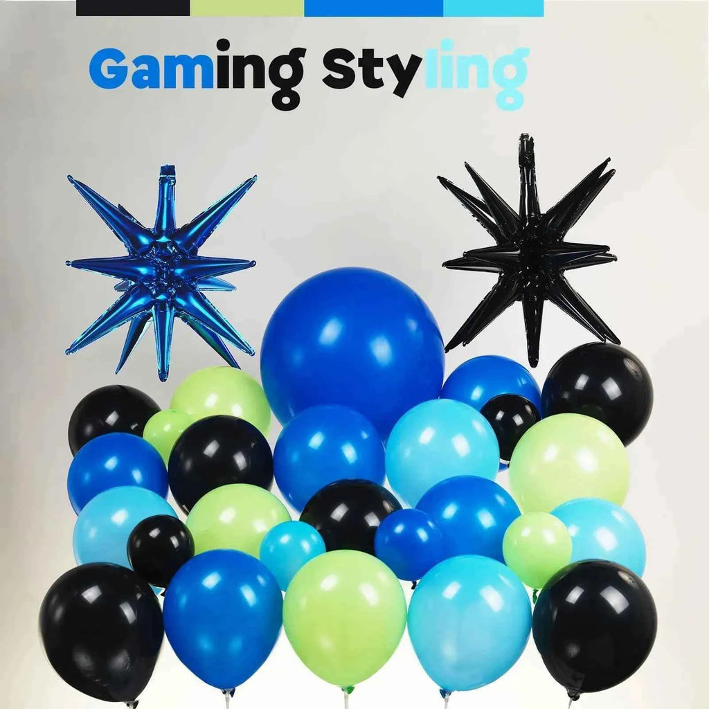 132Pieces Blue Black Green Balloon Set with Starburst Controller for Gamers Night Party Decoration Game Themed Birthday Supplies