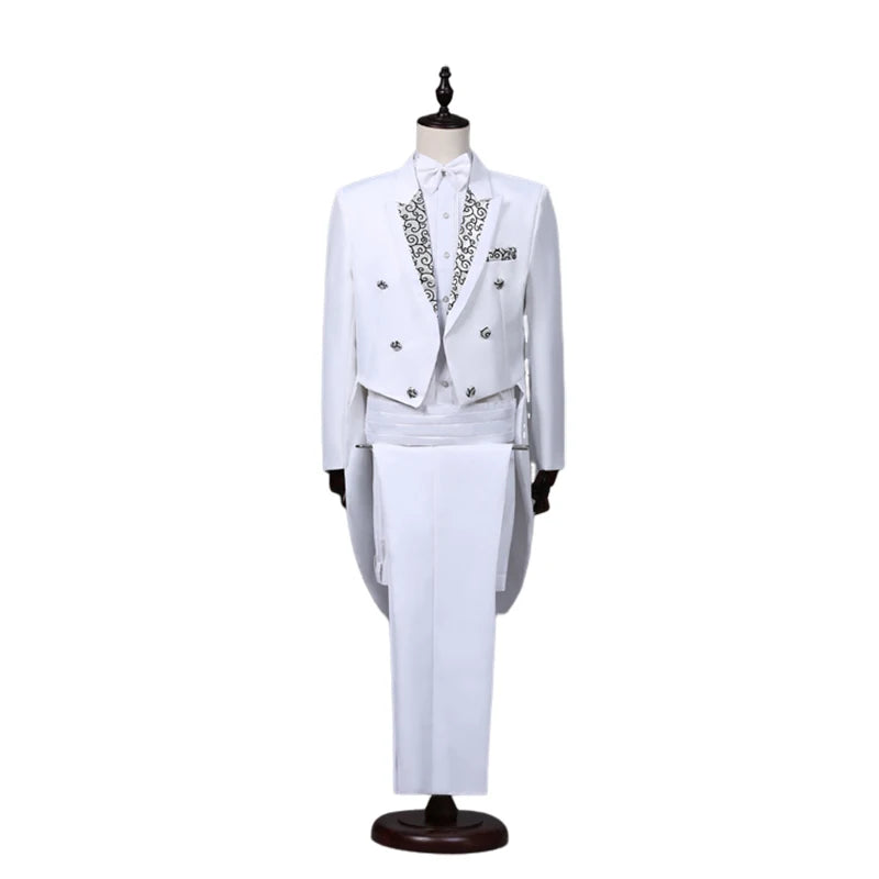 Tailcoat Suits Men Vest Jacket White Tail Coat Chorus Tuxedo Floral Stage Costume Singer Performer Magician Host Outfits - Big Tim's Magic Emporium