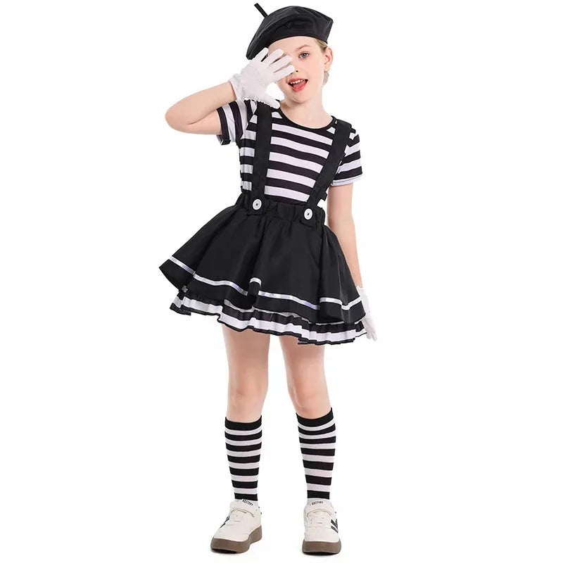 Girls Silent Actor Mime Artist Costume Funny Black White Clown Cosplay Dress for Halloween Carnival Party Outfits - Big Tim's Magic Emporium