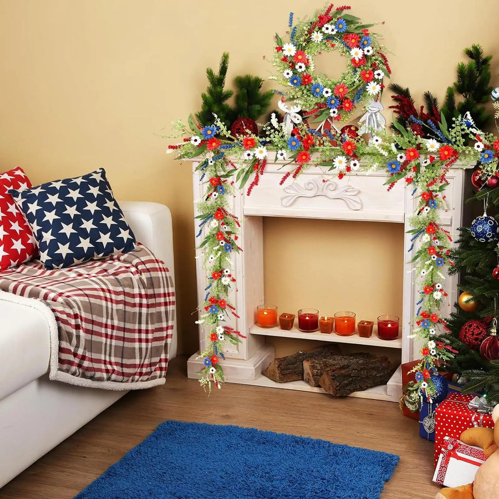 4th July Wreath 4 9Ft Red White Blue Daisy Garland Patriotic Decor for Independence Day Memorial Day Front Door Porch Party