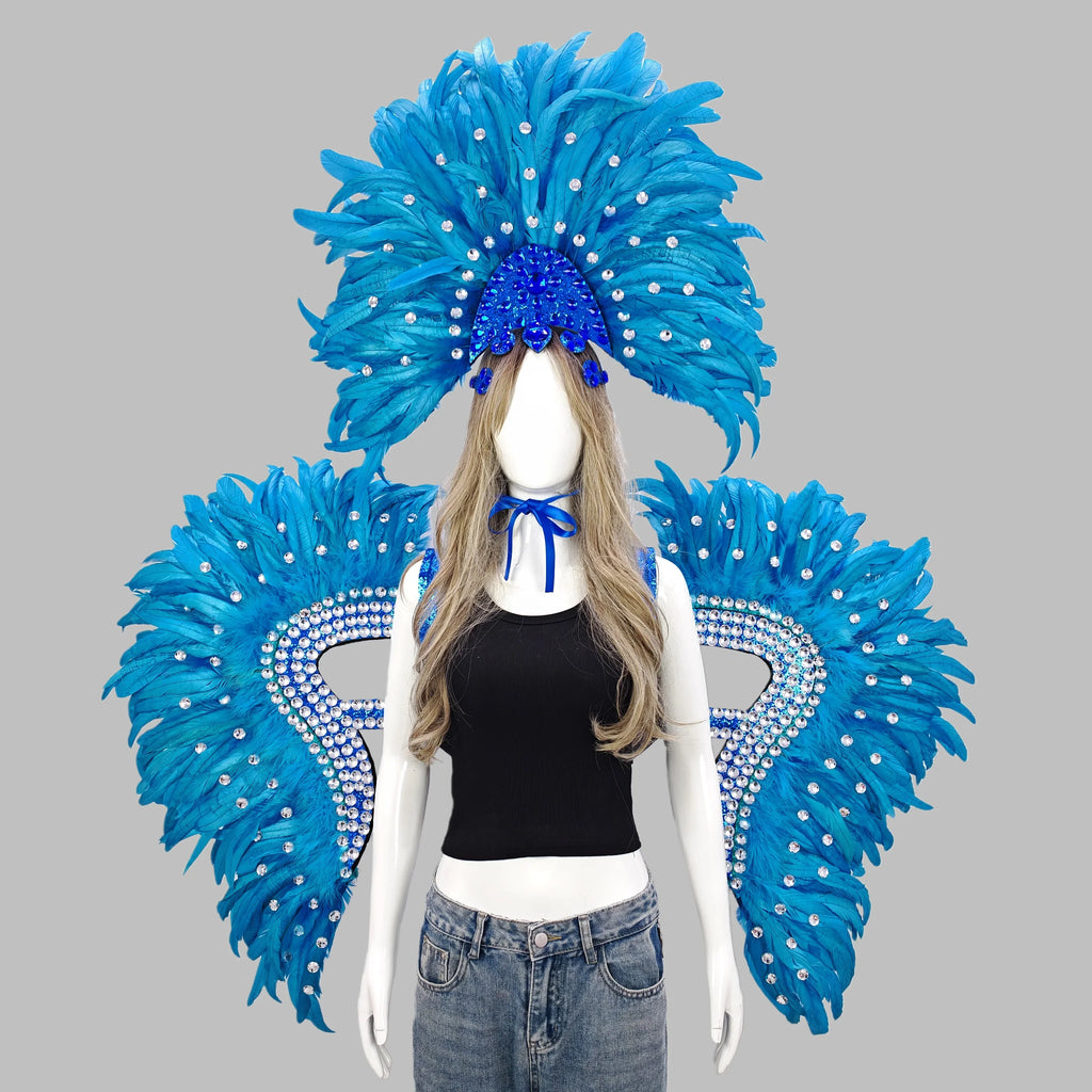 Carnival Elegant Ladies Feather Headdress Wings Two-Piece Role Play Catwalk Halloween Masquerade Carnival Party Suit