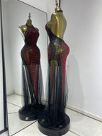 Claret Red Snakeskin Rhinestone Halter Gown Backless Mesh Illusion Evening Maxi Dress