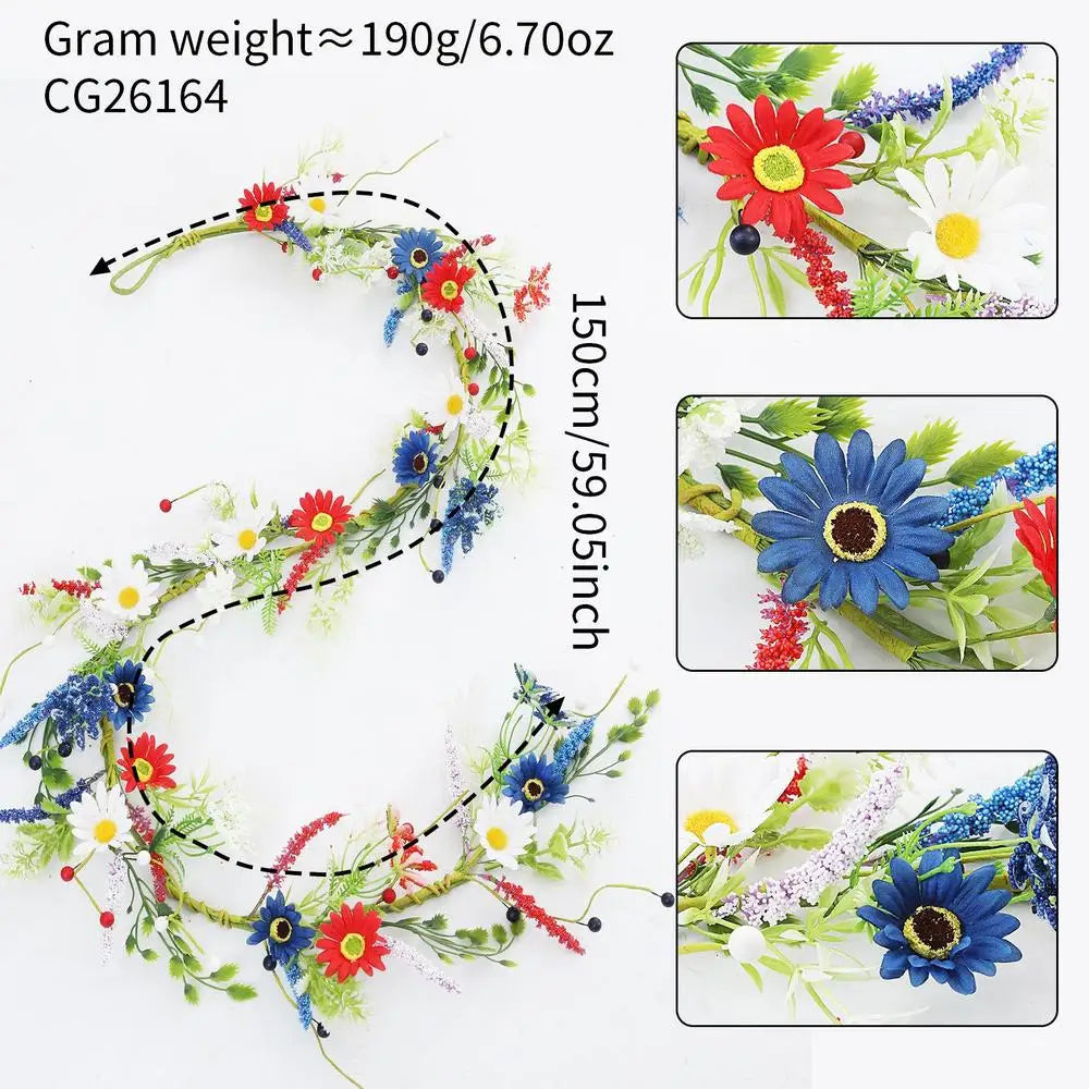 4th July Wreath 4 9Ft Red White Blue Daisy Garland Patriotic Decor for Independence Day Memorial Day Front Door Porch Party