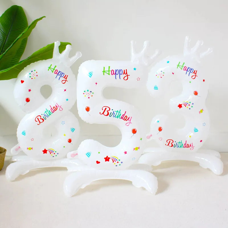 Birthday Digital Balloon White Standing 32 inch Happy Birthday Printed Aluminum Film Birthday Party Crown Balloon
