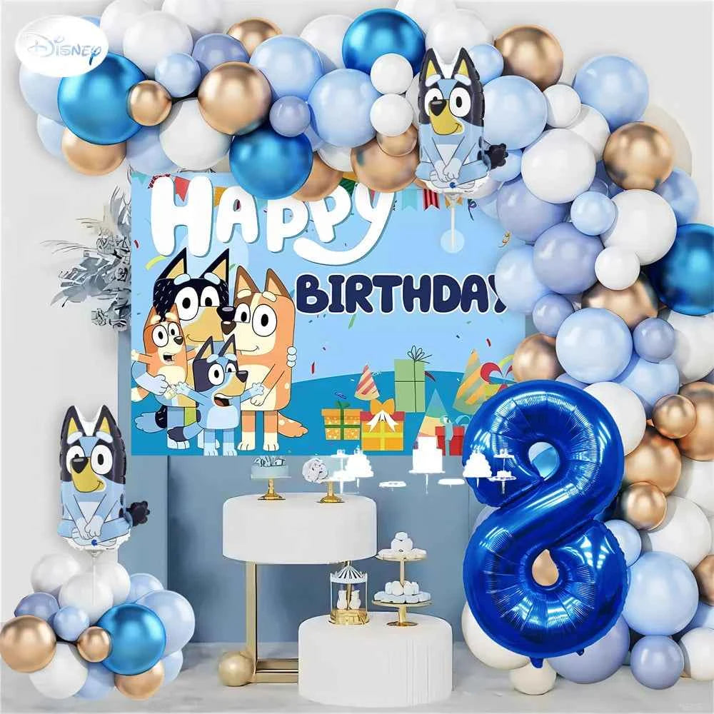 Bluey Birthday Party Decorations Balloon Garland Kit with Bluey Foil Balloons & Happy Birthday Backdrop for Kids Party Supplies