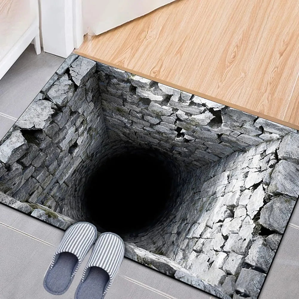 3D Optical Illusion Welcome Mat with Endless Pit Design Non-Slip Floor Mat for Unique Home Decor, Black Gray Carpet Gift