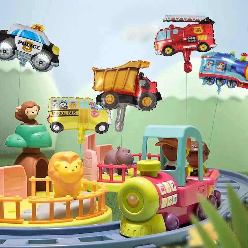 5 random mini transportation balloons, mini trains, school buses, fire trucks, balloons, cars, themed birthday party decorations