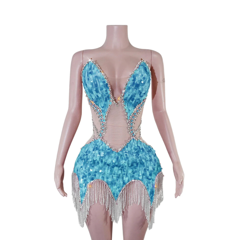 Sequin Beaded Tassels Mini Dress Crystals Mesh Bodycon Stage Performance Outfit