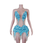 Sequin Beaded Tassels Mini Dress Crystals Mesh Bodycon Stage Performance Outfit
