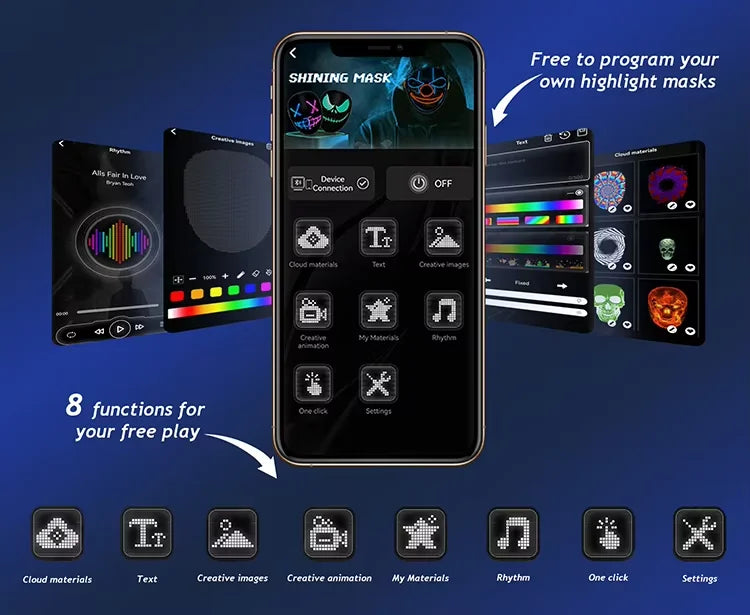 HD Luminous LED Mask with Voice Recognition Gesture Sensing Support Video Animation Programmable App Light up Mask - Big Tim's Magic Emporium