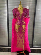 Women Cloak Sleeve Shining Sequins Mesh Ruffles Long Loose Dress Celebrate Performance Costumes Stage Wear