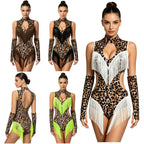 Leopard Cutout Bodysuit & Fringe Sleeves 2-Piece Latin Ballroom Stage Costume Set