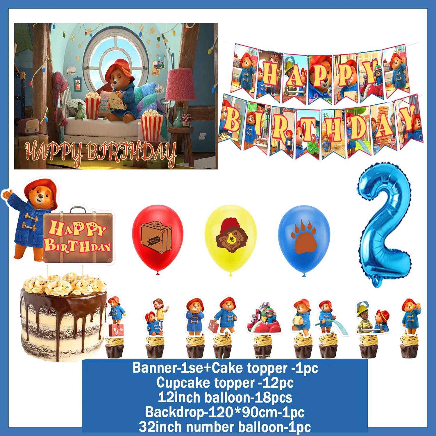 Cartoon&Paddingtons Party Supplies Happy Birthday Banner Bears Balloons Cupcake Toppers Backdrop Kids Birthday Baby Shower Gift