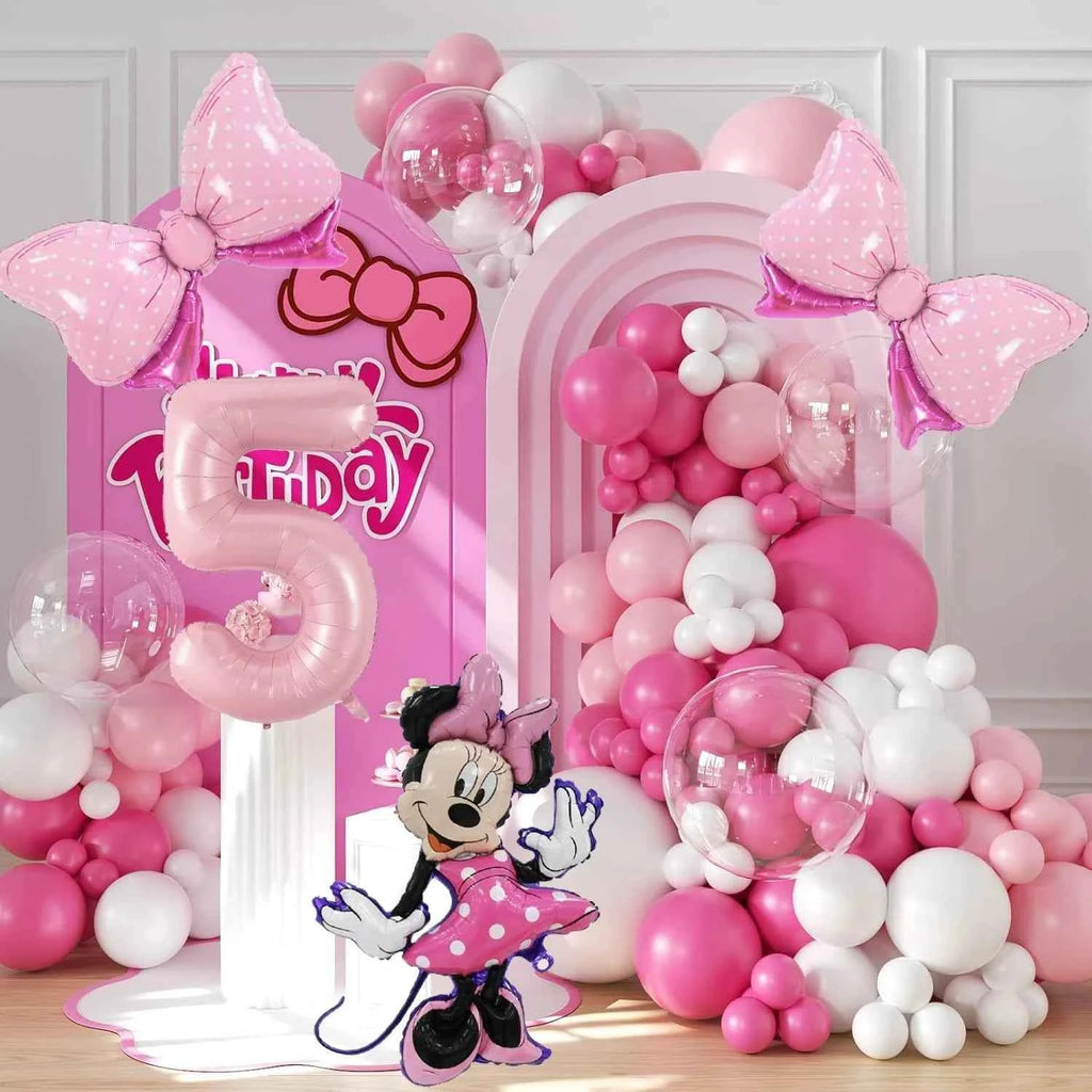 128PCS Minnie Mouse Pink Bow Aluminum Mold Balloon Garland Arch Set Girl Princess Birthday Party Baby Shower Decoration Supplies