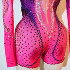 Luxury Pink Rhinestone long sleeve bodysuit Dancer Stage Wear Perform Show Girl Sheer Drag Queen Outfit Bar Nightclub