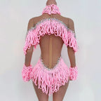 Pink Tassel Long-Sleeve Bodysuit Drag Queen & Gogo Stage Performance Costume