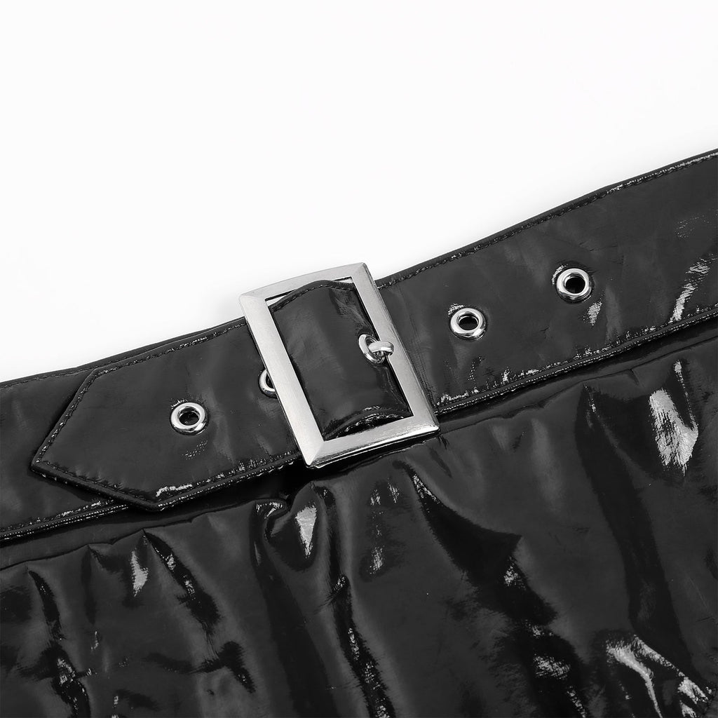 High-Waist Patent Leather Wet-Look Briefs with Adjustable Back Buckle Belt