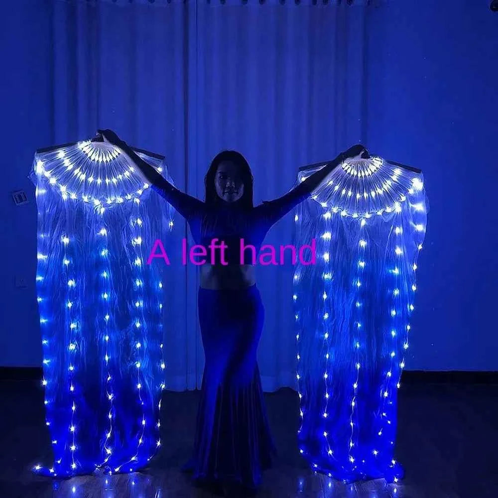 Fan white and blue gradual change silk fabric dance props cord string charging stage performance