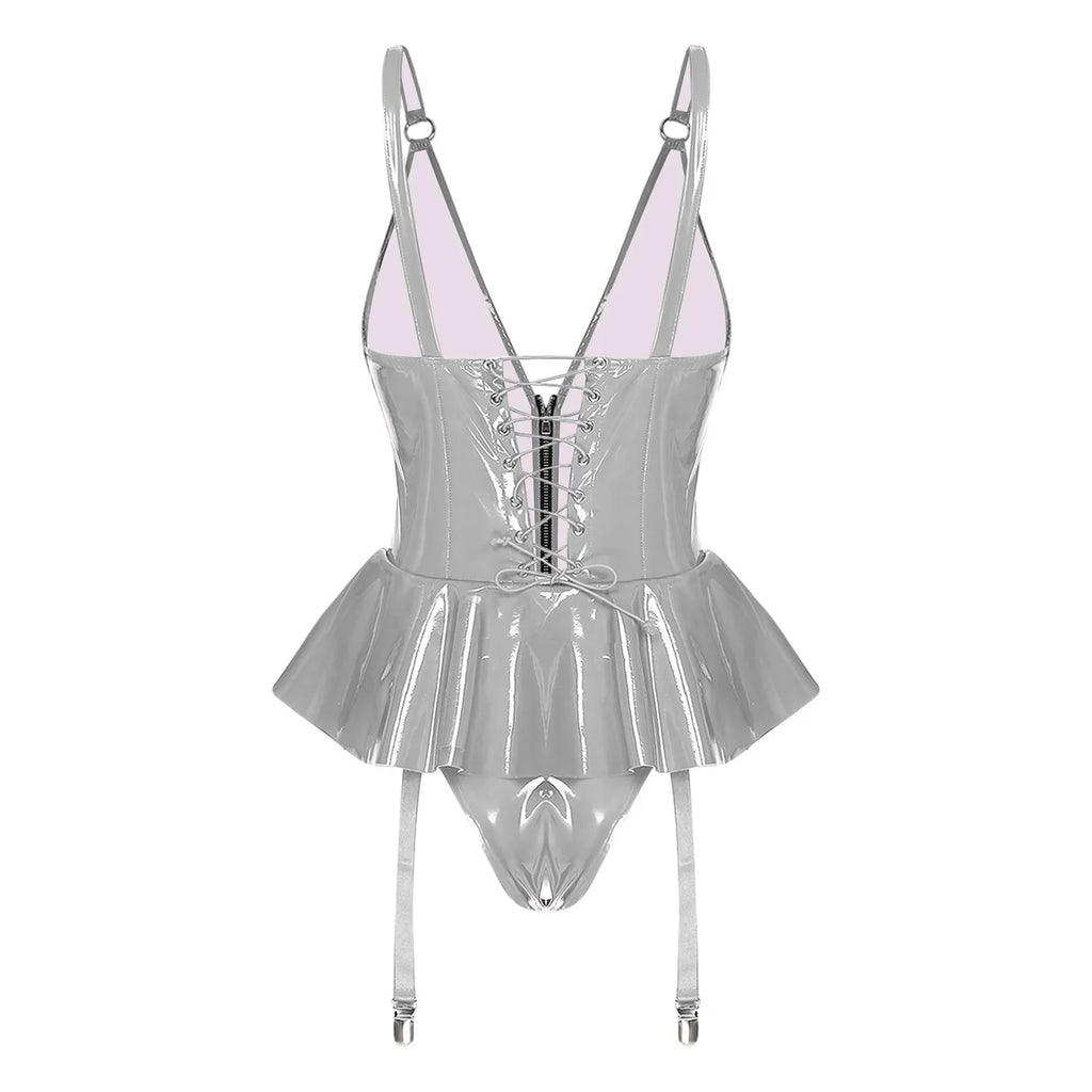 Glossy Wet-Look Halter Romper Bodysuit with Flared Skirt Hem & Integrated Garters