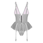 Glossy Wet-Look Halter Romper Bodysuit with Flared Skirt Hem & Integrated Garters