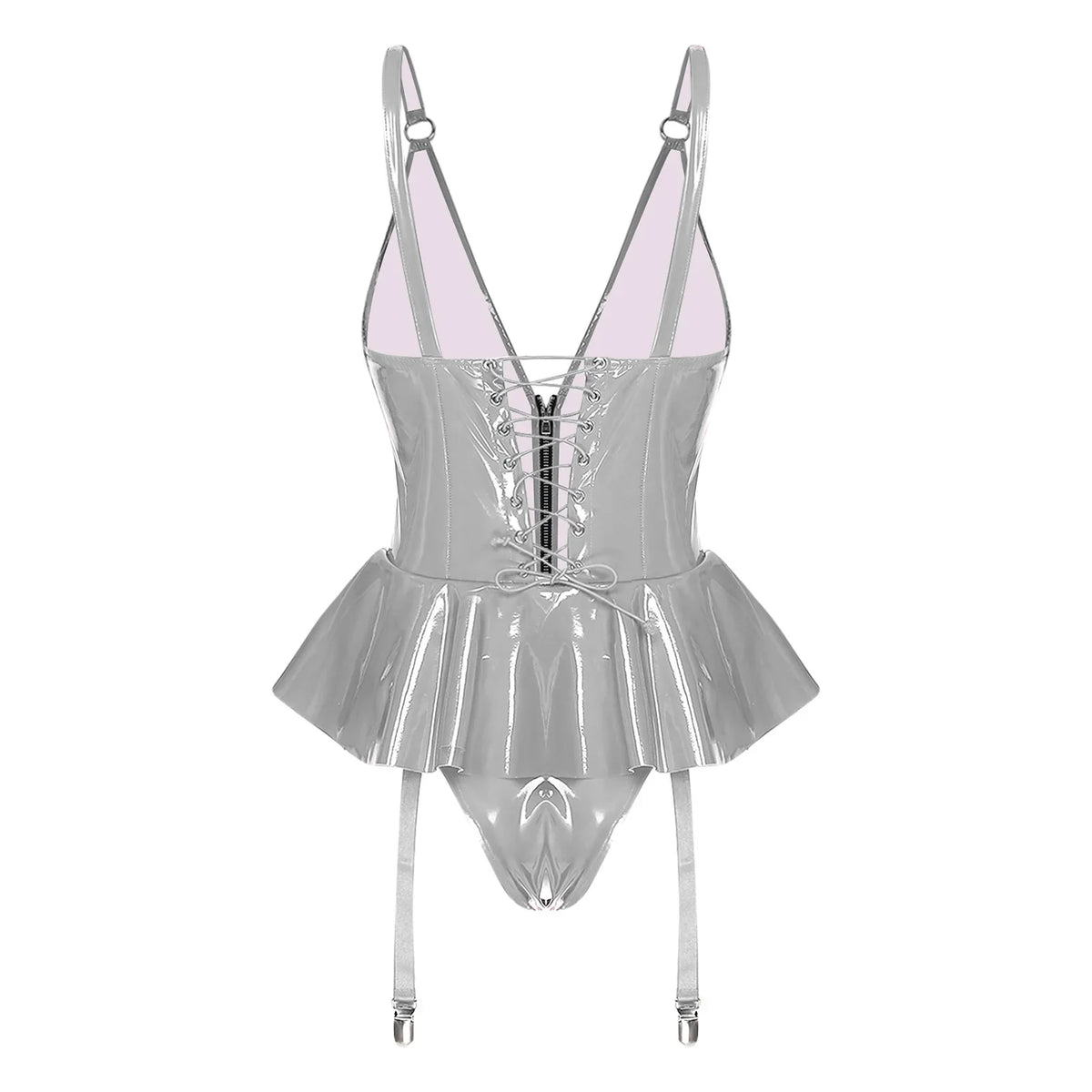 Glossy Wet-Look Halter Romper Bodysuit with Flared Skirt Hem & Integrated Garters
