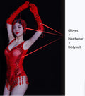 Sexy Nightclub Bar Gogo Dance Costume Red Rhinestones Fringe Mesh Bodysuit Gloves Performance Stage Wear Party Show Rave Outfits
