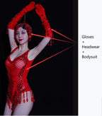 Sexy Nightclub Bar Gogo Dance Costume Red Rhinestones Fringe Mesh Bodysuit Gloves Performance Stage Wear Party Show Rave Outfits