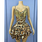 Leopard Print Crystal Sling Showgirl Mini Dress – Glamour Stage Performance Costume