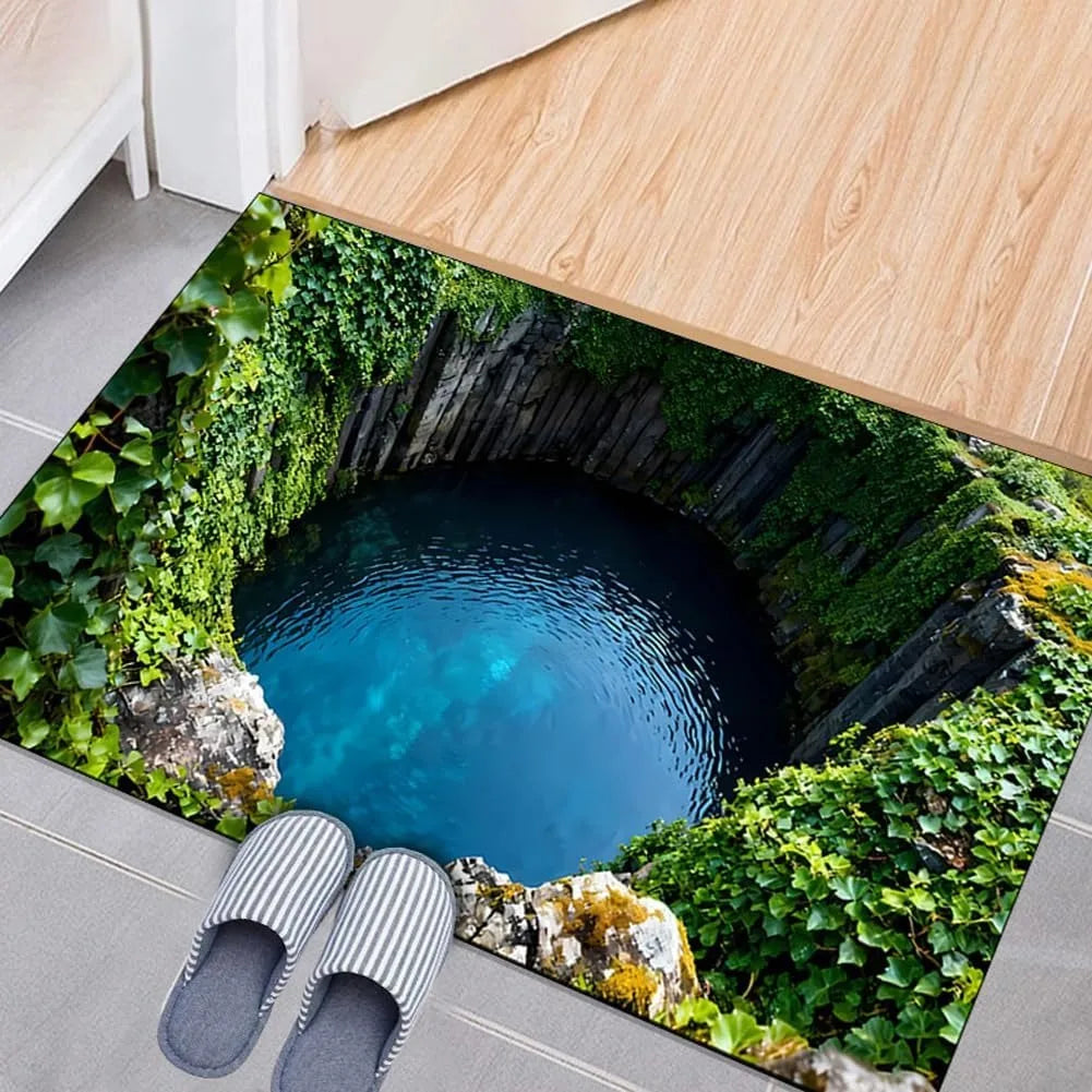 3D Optical Illusion Welcome Mat with Endless Pit Design Non-Slip Floor Mat for Unique Home Decor, Black Gray Carpet Gift