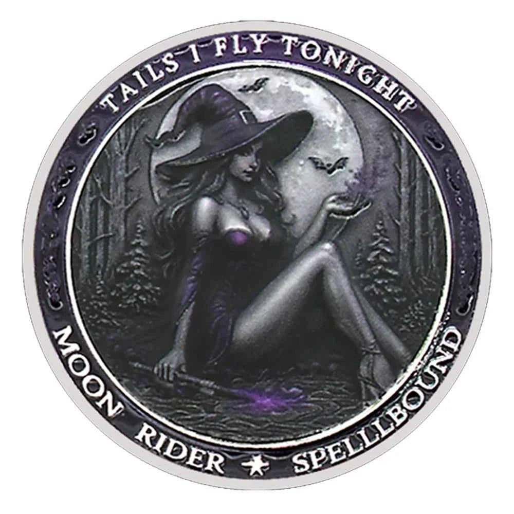 Tails I Fly Tonight" Witch Challenge Coin – Moon Rider Spellbound Collectible, 40mm Fantasy Magic Coin Gift