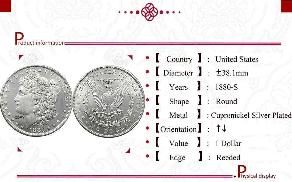 US 1880 S 1 One Dollar Morgan Silver Plated America Copy Commemorative Coin United States Ww2 Liberty Moneda Collectible Coins