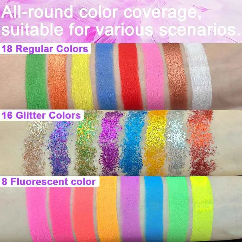 42 Colors Water-Based Face Paint Palette Neon Fluorescent Shades with Glitter Sequins for Art, Festivals, Cosplay Makeup