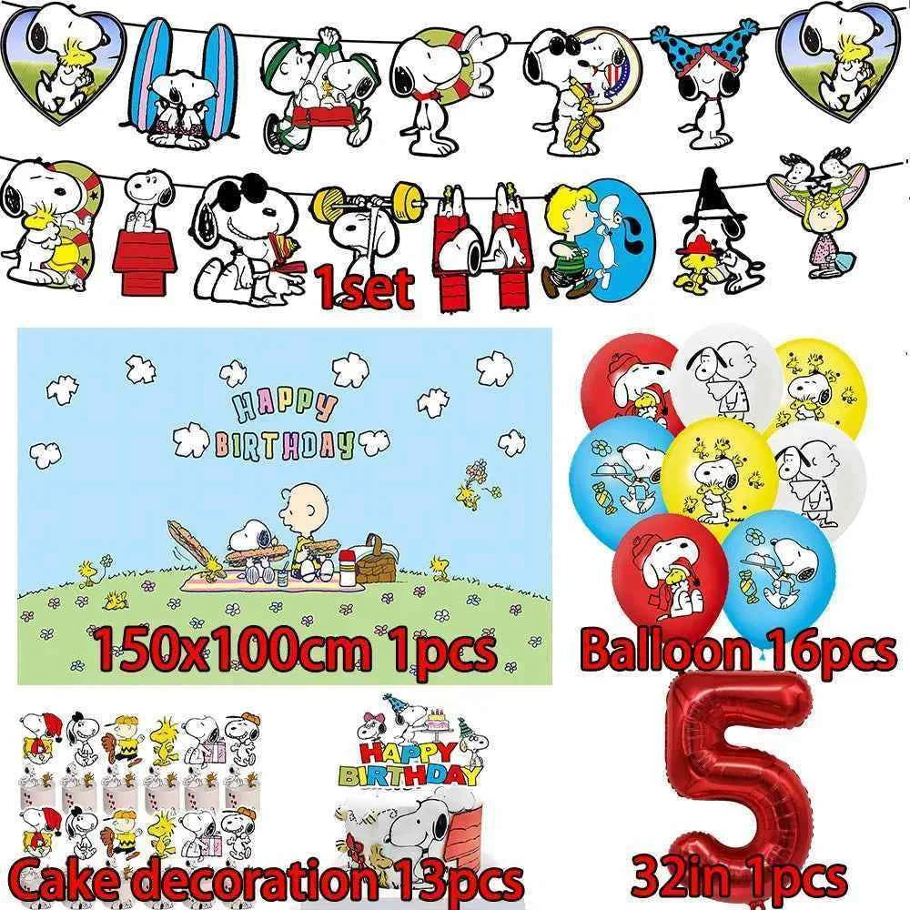 Cartoon Snoopys Birthday Decoration Set Banners Cake Toppers Balloons Backdrops Kids Birthday Gifts Baby Shower Party Supplies