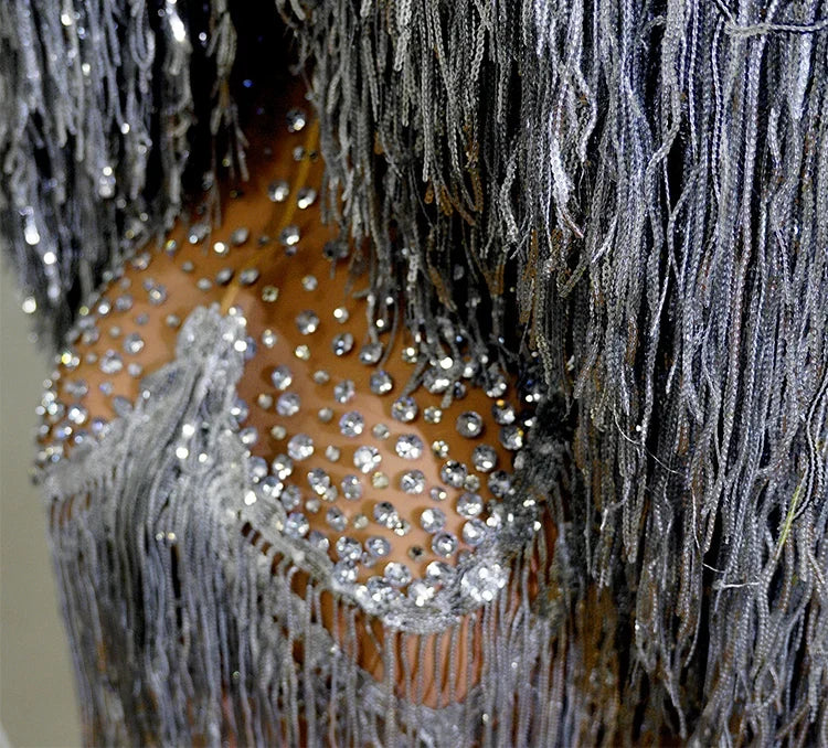 Rhinestone Tassel Fringe Jacket And Dress Costume Set
