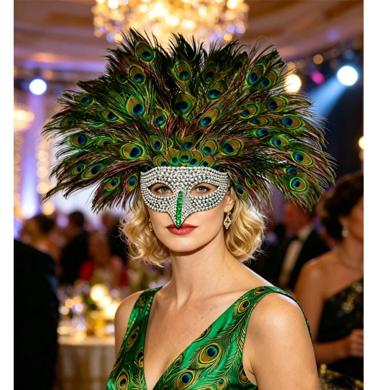 Luxury Peacock Feather Masquerade Mask,Rhinestone Crystal Venetian Mask, Large Feather Fan for Masquerade Ball & Halloween Party - Big Tim's Magic Emporium