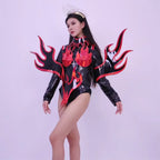 Flame Patent Leather Bodysuit & Sculpted Wing Shoulders 2-Piece Stage Costume Set