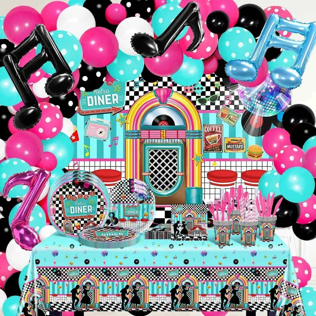 280 Pieces 50s Themed Party Decorations 50s Background Disco Balloon Arch Tableware 50s Music Party Supplies Photo Booth Props
