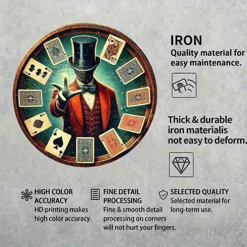 2D Flat, 1pc Vintage Magic Show Metal Wall Plaque - 7.8" Round Aluminum Art with Mysterious Wizard & Playing Cards Design, Durab