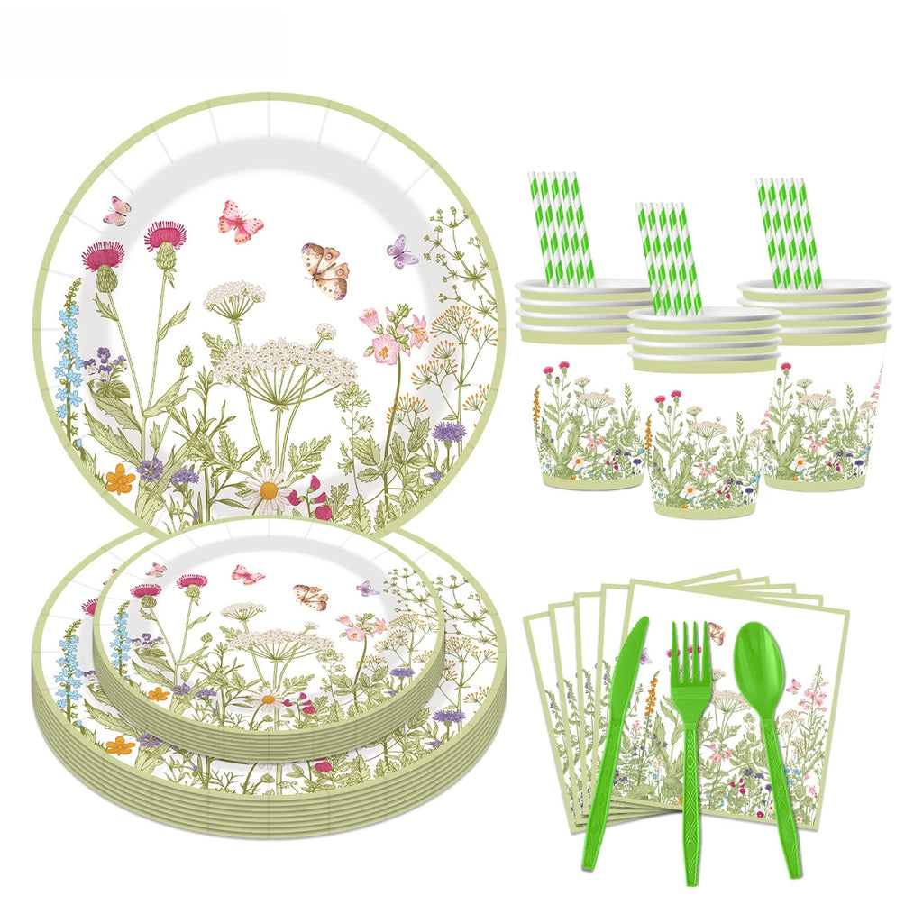 240pcs Spring Flowers Fresh Disposable Paper Tableware Wildflower Plate Birthday Party Decoration Party Supplies Party - Big Tim's Magic Emporium