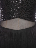 Women Sequins Diamond Latin Jazz Dance Costume Sleeveless Cutout Back Flowy Tassel Dress Leotard Tango Cha-Cha Samba Dancewear