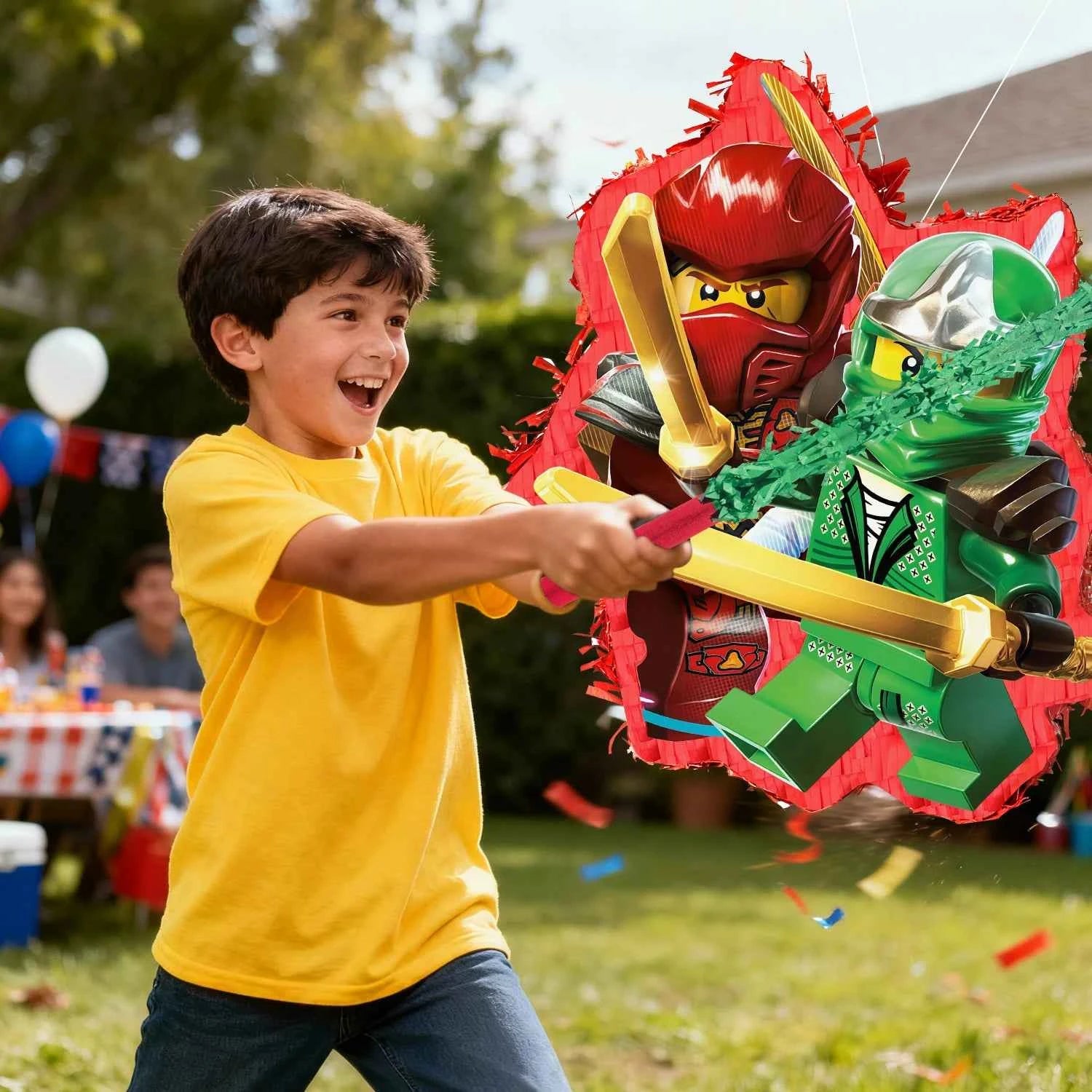 4 Pcs Ninja Party Pinata Bundle-Large Ninja Piñata Blindfold&Pinata Stick etc Ninja Birthday Party Supplies for Boys/Girls