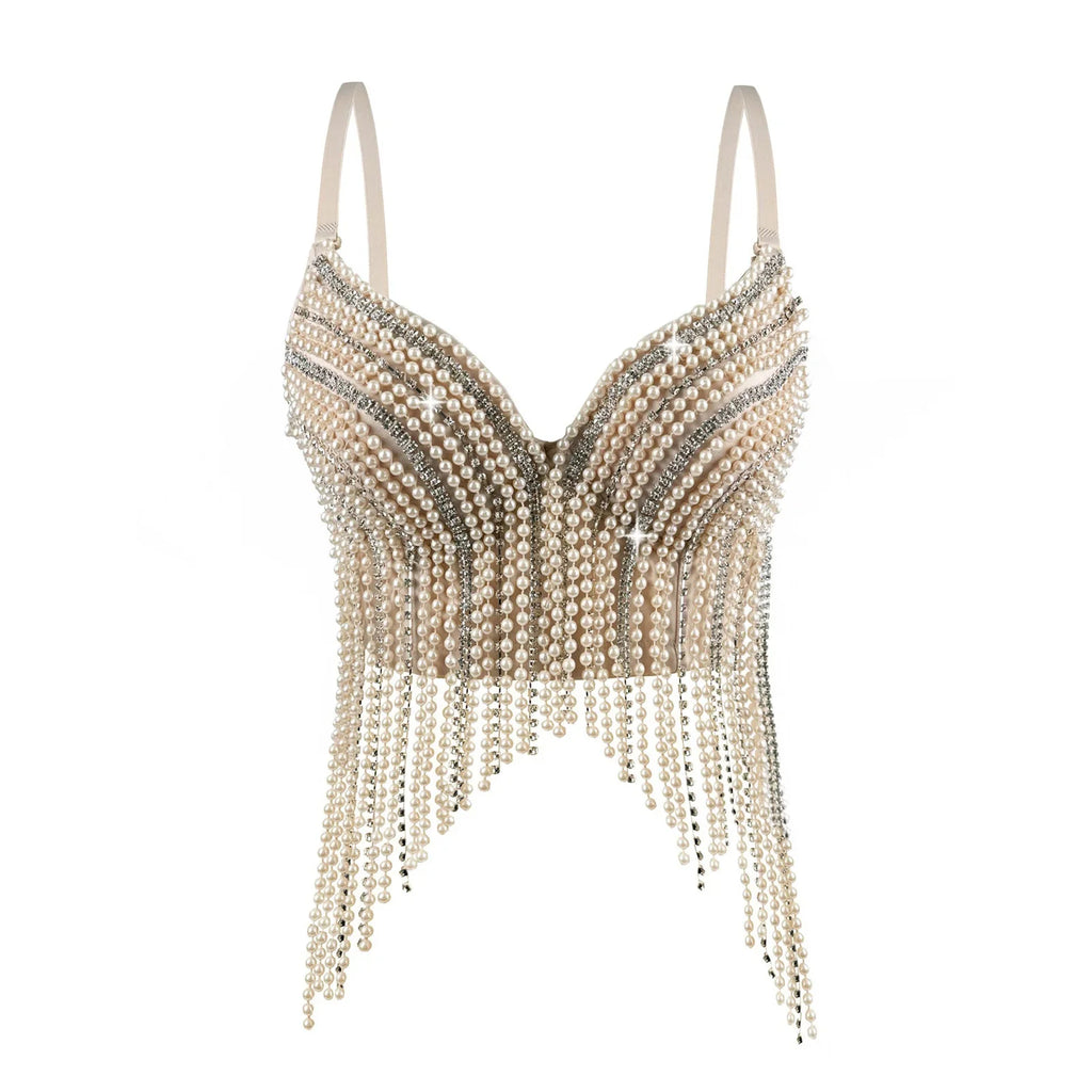 Rhinestone & Bead Tassel Push-Up Underwire Bustier Crop Top